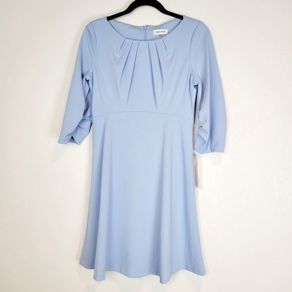 NWT Calvin Klein Pleated Shift 3/4 Sleeve Ruched A-Line Dress Blue Serene - Picture 3 of 11